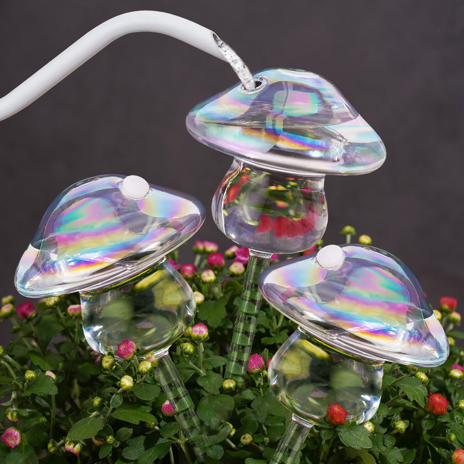 NiHome Iridescent Glass Mushroom Plant Self Watering Globes 3-Pack, Electroplated Hand-Blown Glass Automatic Plant Hydration System for up to 3 Weeks, Easy Refill Design with Adjustable Flow Rate