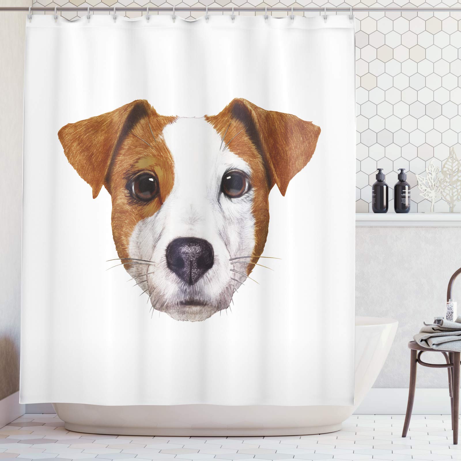 ABAKUHAUS Jack Russell Shower Curtain, Detailed Portrait of Hand Drawn Dog Animal Lover Puppy, Cloth Fabric Bathroom Decor Set with Hooks, 175 x 180 cm, Brown White