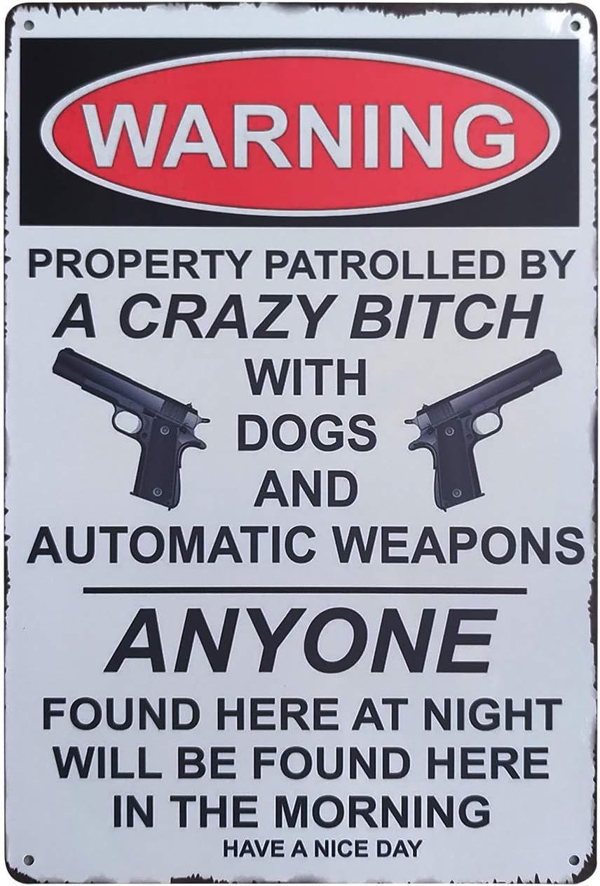 ZOVSON Warning Property is Protected by Dog Retro Vintage Metal Tin Sign Private Property Sign Funny Gun Signs Home Decoration 8X12Inch