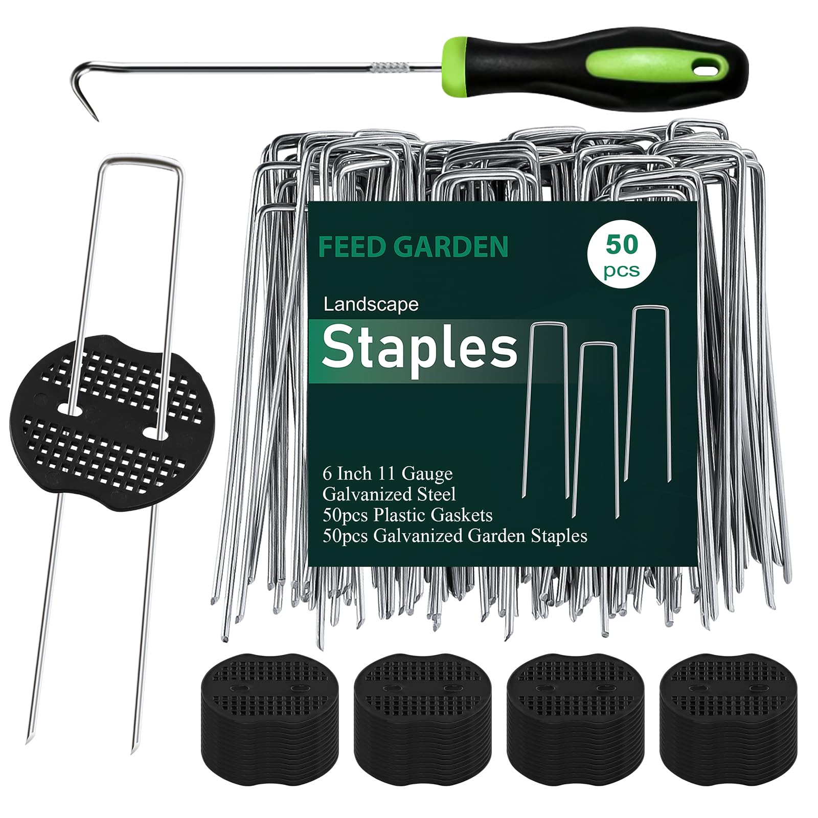 Photo 1 of FEED GARDEN 6 Inch 50 Pcs Galvanized Landscape Staples 50 Pcs Gaskets Pick Hook Garden Stakes 11 Gauge Anti-Rust Landscaping Fabric SOD Pins U Shaped Yard Turf Stakes for Weed Barrier Fabric