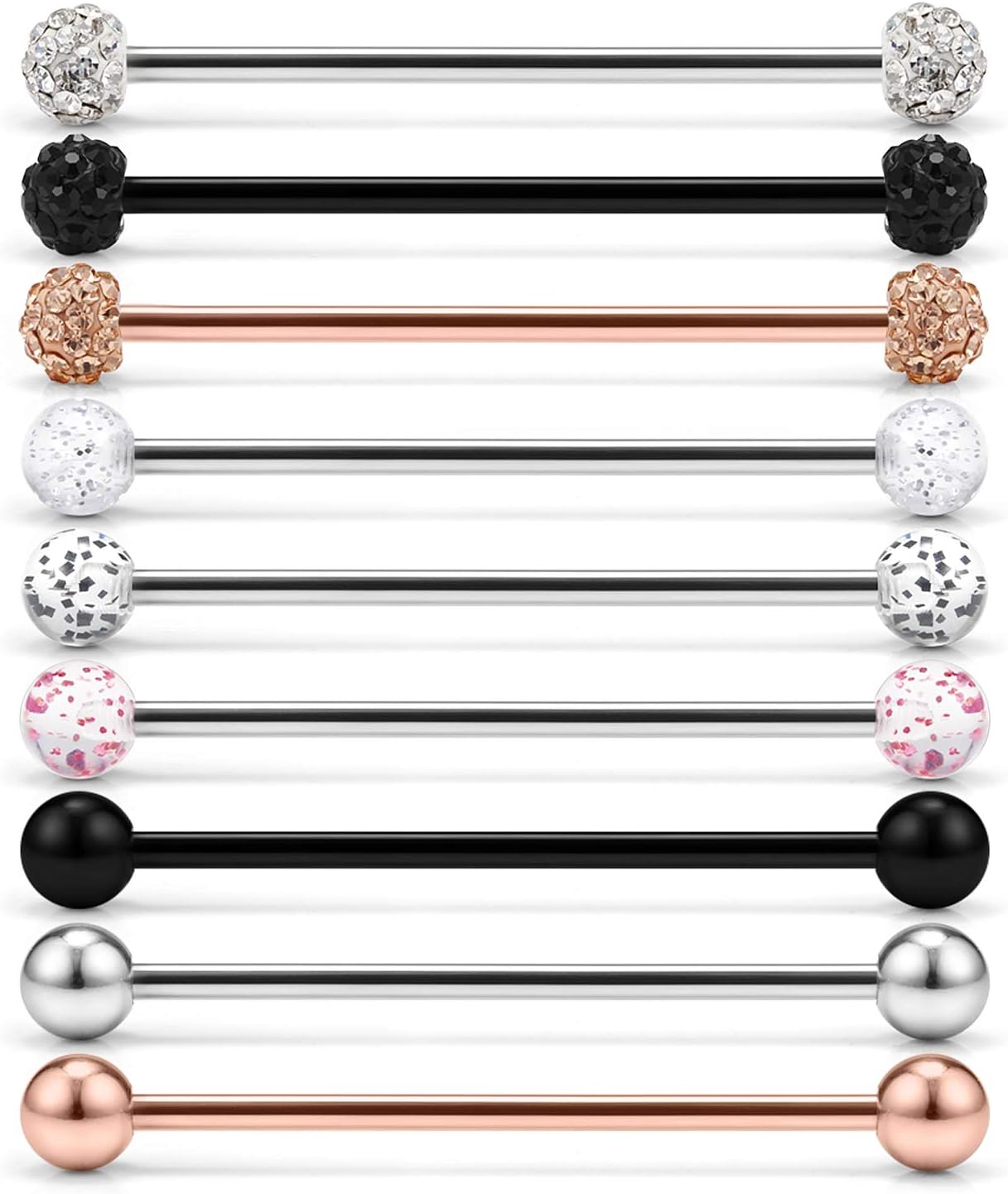 LcolyoliShort Industrial Barbell 14G Surgical Steel CZ Cartilage Helix Earrings Piercing with Externally Threaded Crystal Ball Body Jewelry for Women Men 9 Pieces