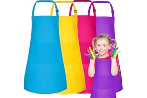 PLULON 4 Pcs Kids Apron for Painting Adjustable Children Art Apron with 2 Pockets Artist Smock Bulk for Baking Painting Cooking Activity - 4 Colors