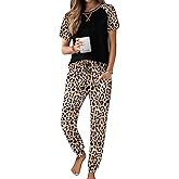 Ekouaer Womens Jogger Pajamas Sets 2 Piece Raglan Short Sleeve Pjs Lounge Set Soft Sleepwear with Pockets S-XXL