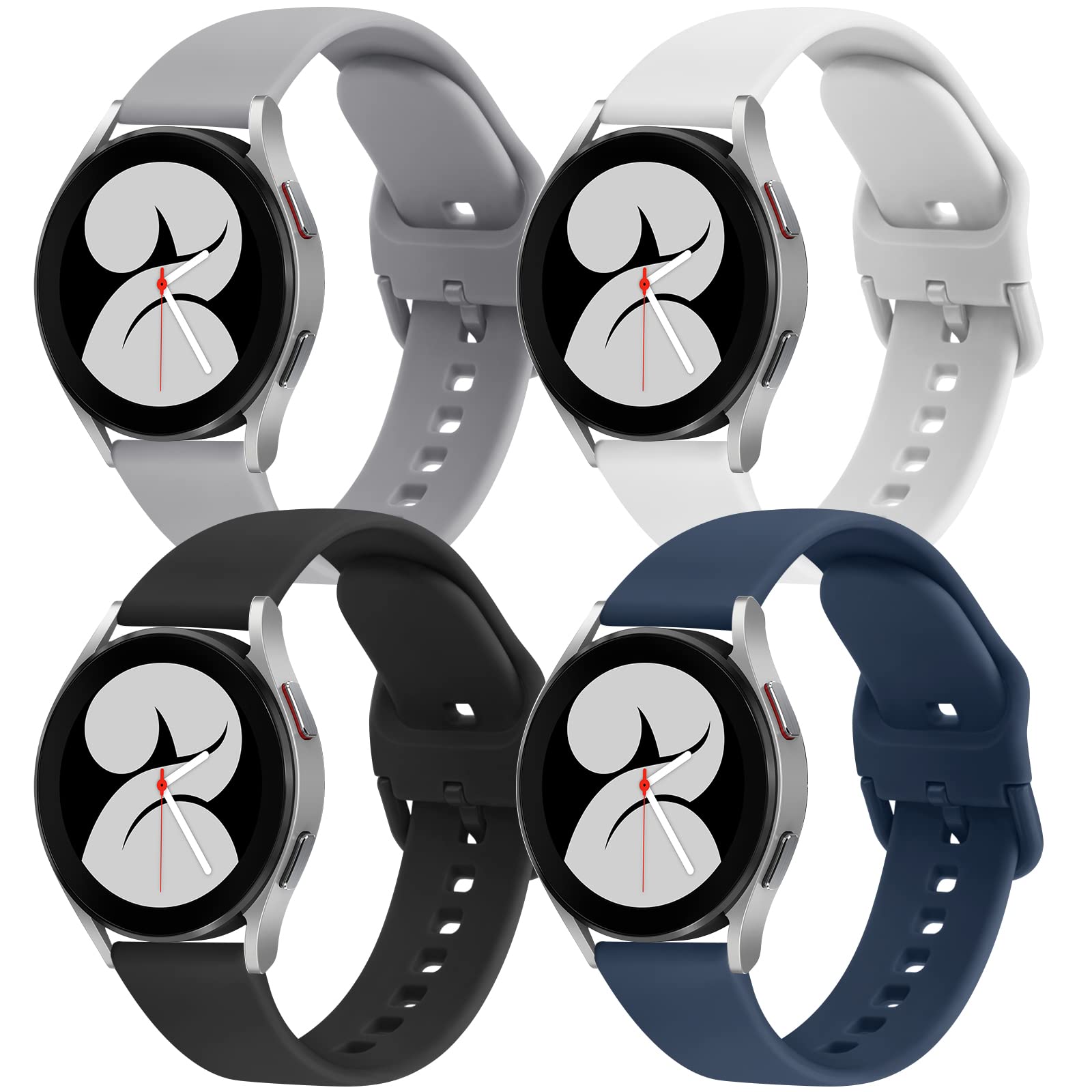 Photo 1 of 4 Pack Sport Bands for Samsung Galaxy Watch 4 40mm 44mm, Galaxy Watch 4 Classic 42mm 46mm, 20mm Soft Silicone Strap Replacement Band for Galaxy Watch 4 Women Men (Black+Gray+NavyBlue+White)