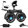 XOOL Clip Car Fan, Adjustable Dual Head 4 Inches 12V Fan for Front/Rear Seat Passenger, 360° Rotatable Electric Car Cooling Fans with Stepless Speed Regulation for SUV, RV, Vehicles