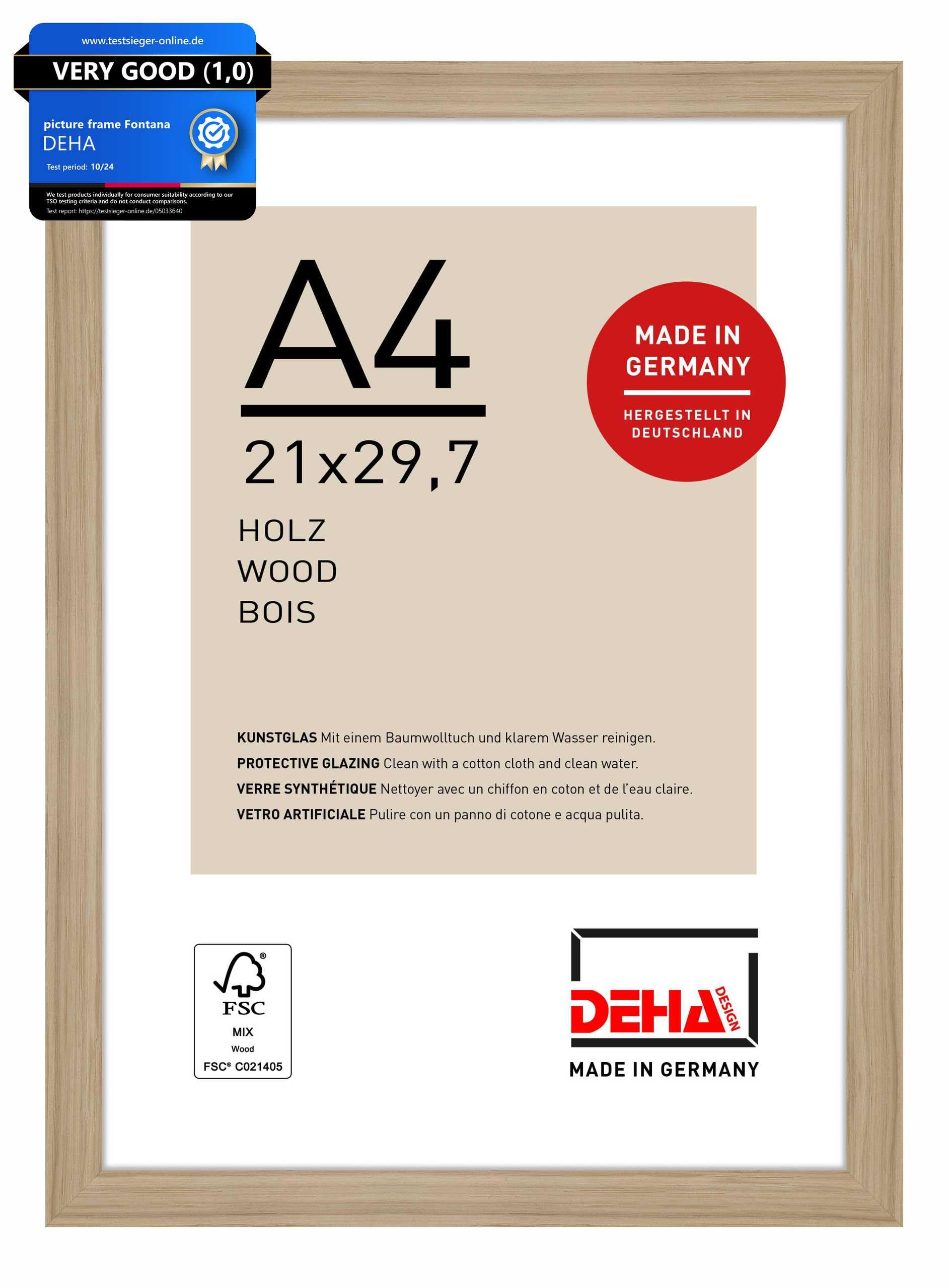 DEHA Design Fontana Wooden Picture Frame - A4 (21x29.7 cm) – Oak - with Synthetic Glass and Push/Turn Clips
