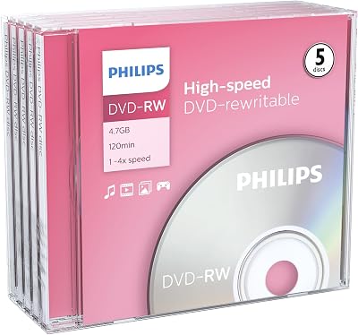 Philips DVD-RW Media 4.7GB 4x Speed Blank Discs Pack of 5