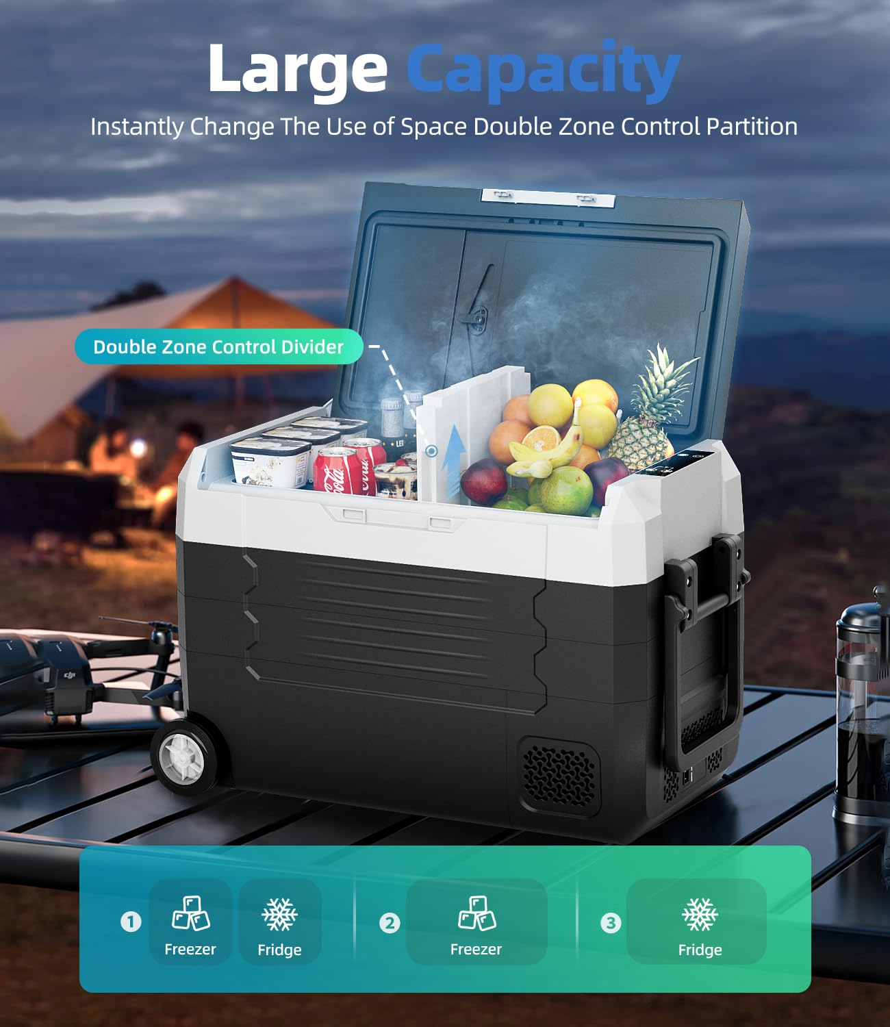 12 Volt Refrigerator, 53QT(50L) Compressor Electric Cooler with Wheels, Car Fridge with APP Control, Portable Freezer -13℉~68℉, 12/24V DC 110-240V AC Car Cooler for Camping, Travel, Road Trips