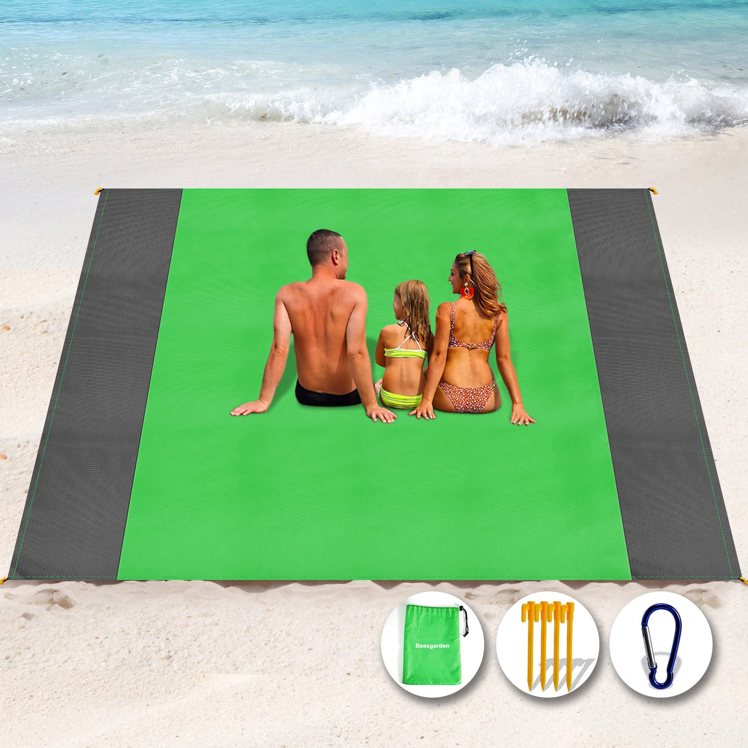 Henrycares Beach Blanket Picnic Blanket, Extra Large 300 x 275cm Sandproof Waterproof Beach Mat with 4 Stakes for 7-10 Adults, Summer Essentials Outdoor Blanket for Travel Camping Hiking Picnic(Green)
