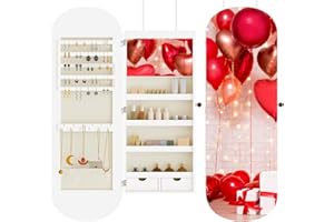 BTDWI 44'' Full Length Mirror Jewelry Cabinet, Lockable Wall-Mount or Door-Hanging Jewelry Armoire with Interior Led Mirror & Storage Shelf, White