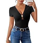 Pink Queen Women Summer Tops Stylish Deep V-Neck Short Sleeve Shirt with Metal Ring Decor