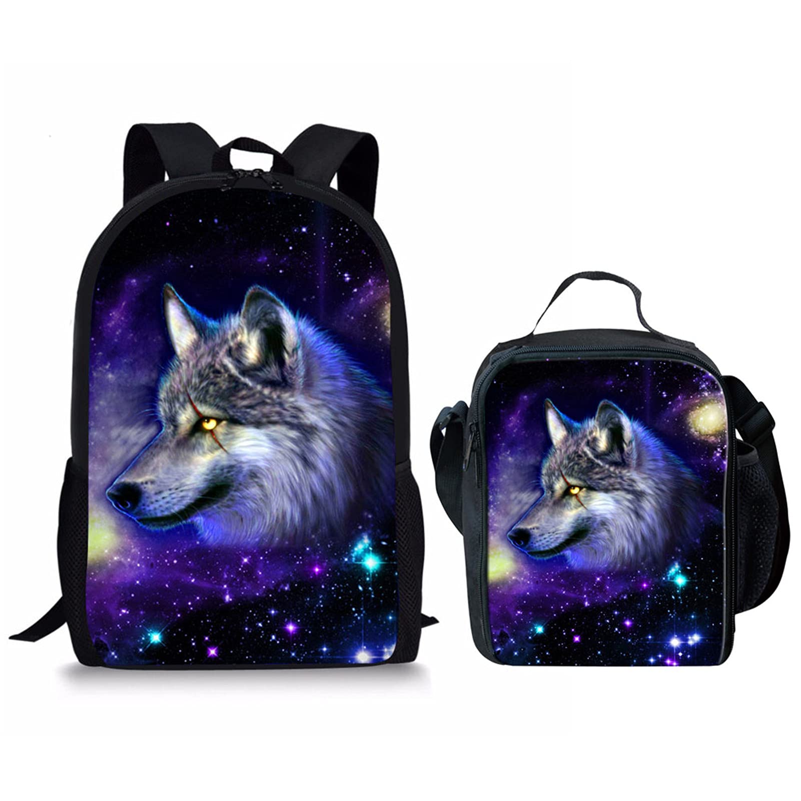 Belidome Galaxy Wolf Kids School Backpack Set Lunch Pouch for Boys Girls Durable, 2 Pack