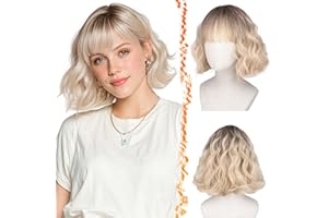 BARSDAR Short Wavy Blonde Ombre Wig with Bangs - Short Blonde Ombre Bob Wigs Dark Roots for Women - Soft Synthetic Curly Wavy