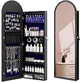 Ylued Jewelry Cabinet Organizer with Mirror, 47 inch Lockable Full-Length Mirror Jewelry Armoire Hanging Door/Wall Mounted with 6 LEDS, Arched Framed Mirror Cabinet with Storage, Gift for Women, Black