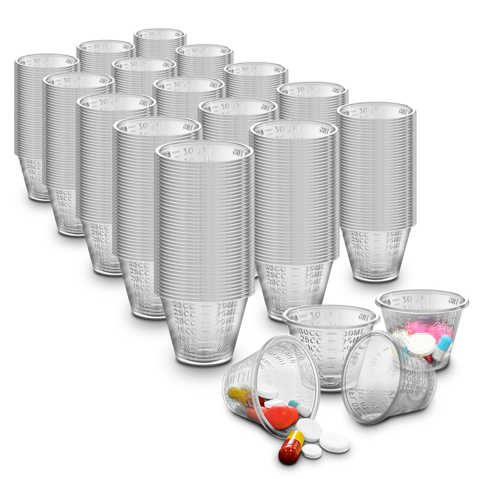 RE-GEN 30ml Clear Plastic Reusable Medicine Kitchen Graduated Measuring Pot Containers, 100 Cups Per Sleeve - 5 Sleeves (500 Cups)