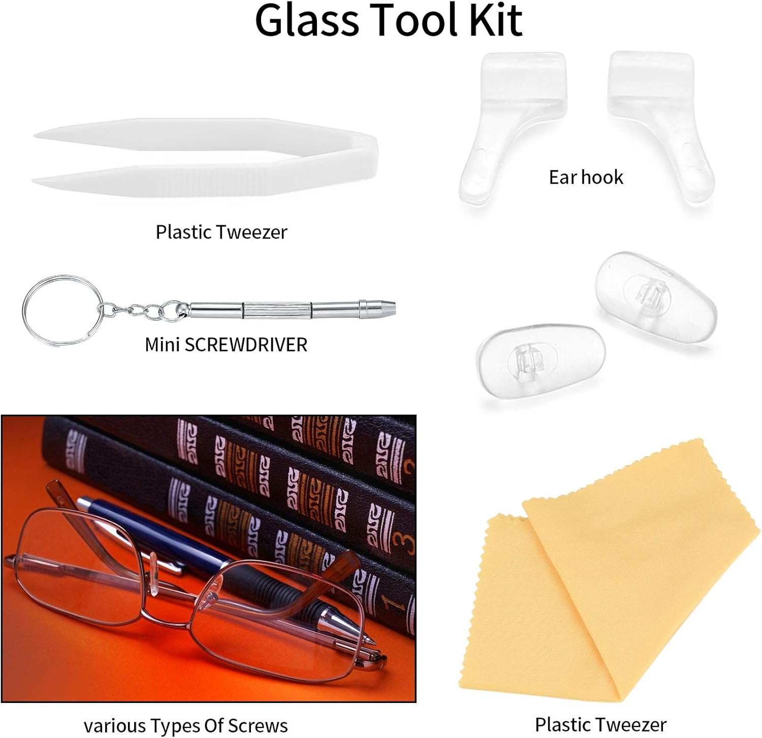 Eyeglasss Sunglass Glasses Spectacles Repair Tool Kit Set, with Mini Screwdriver, Screws Nut, Silicone Nose Pads - Image 3