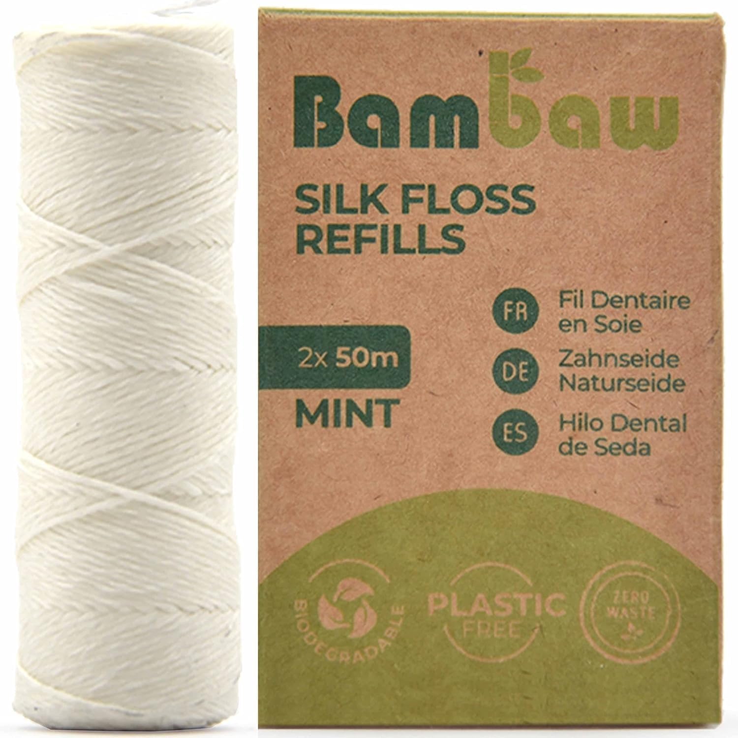 Bambaw Silk Floss Refill, Non Plastic Dental Floss, Eco Floss, Mint Dental Floss Tape, 2x50 Meter Refill