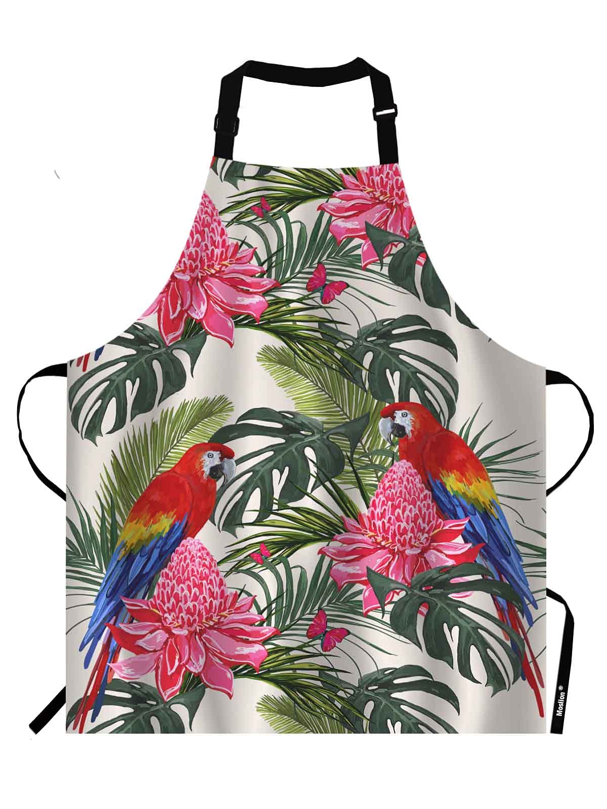 Moslion Tropical Scenery Apron,Beautiful Floral Summer with Tropical Palm Leaves Parrot Apron,Adjustable Neck Bib for Men Women,Suitable for Kitchen Cooking Waitress Chef