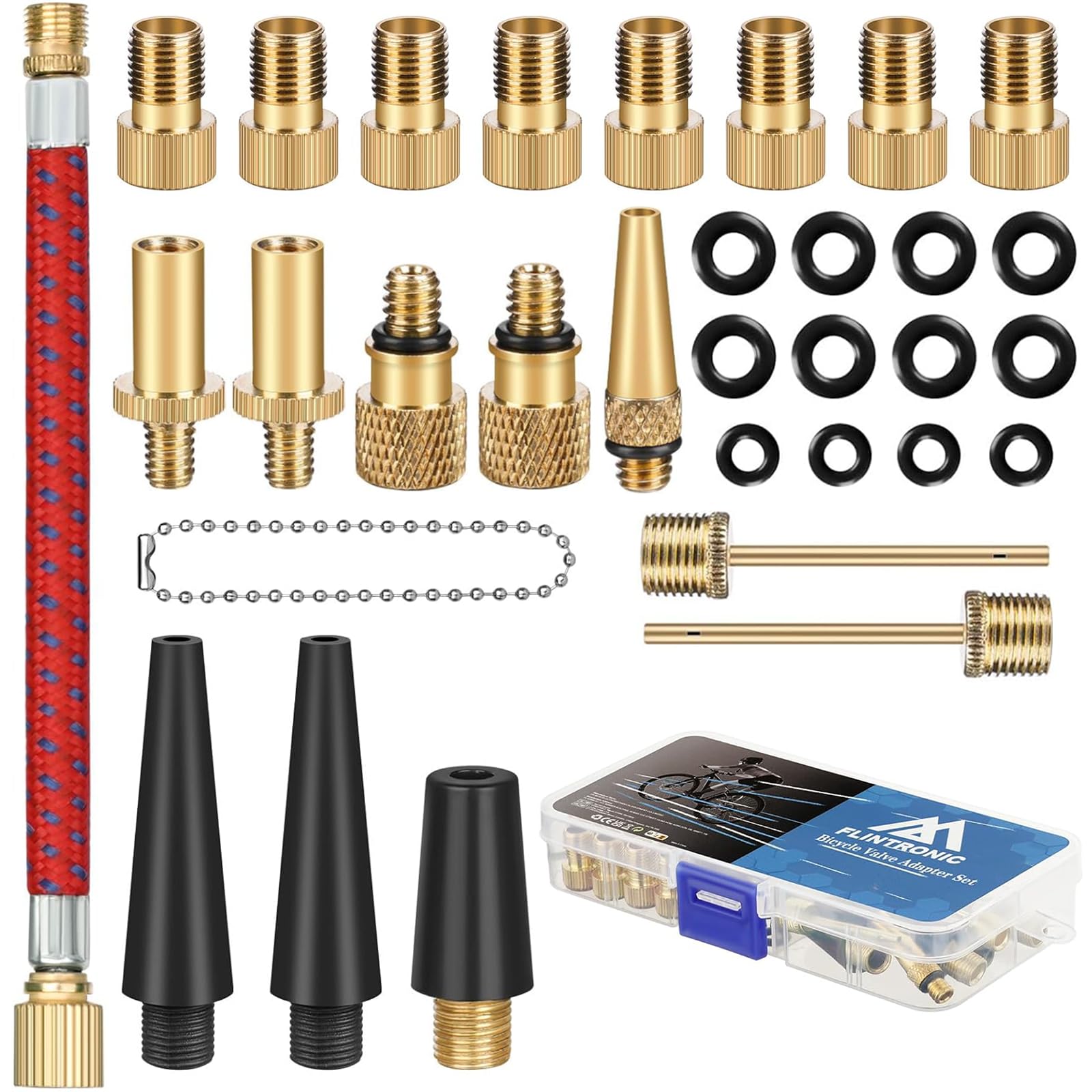 Flintronic 32 Piece Bicycle Valve Adapter, Bicycle Valve Set DV SV AV, Dunlop French Flash Valve with Cone Adapters and Ball Needles for Air Mattresses and Balls, for All Bicycle Valves