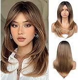TuTive Brown Wig With Bangs Layered Wigs for Women Ombre Brown Color Wig Long Straight Heat Resistant Synthetic Fibre Wigs Natural Looking Bangs Wig for Daily Party Use(Ombre Brown)