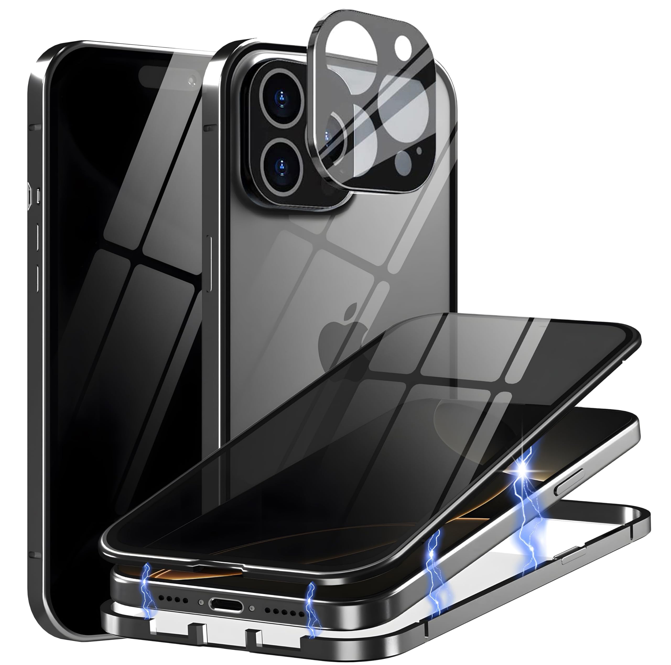 MIMGOAL Case for iPhone 16 Pro Max Anti-Peep Magnetic Cover,Privacy Tempered Glass Full Cover Built-in Camera Protector,360 Degree Front and Back Protection Metal Bumper Case, Black