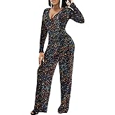 LightlyKiss Women's casual sexy V-neck sparkling jumpsuit long sleeve loose jumpsuits Fashion Club party Rompers with belt