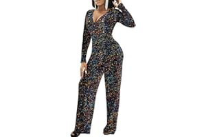 LightlyKiss Women's casual sexy V-neck sparkling jumpsuit long sleeve loose jumpsuits Fashion Club party Rompers with belt