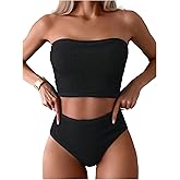 OYOANGLE Women's 2 Piece Strapless Swimsuit High Waisted Smocked Bandeau Bathing Suit