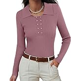 Ninee Womens Long Sleeve Pullover Sweaters Casual Lapel Crew Neck Button Down Tops Trendy Fall Knit Slim Fit Shirts
