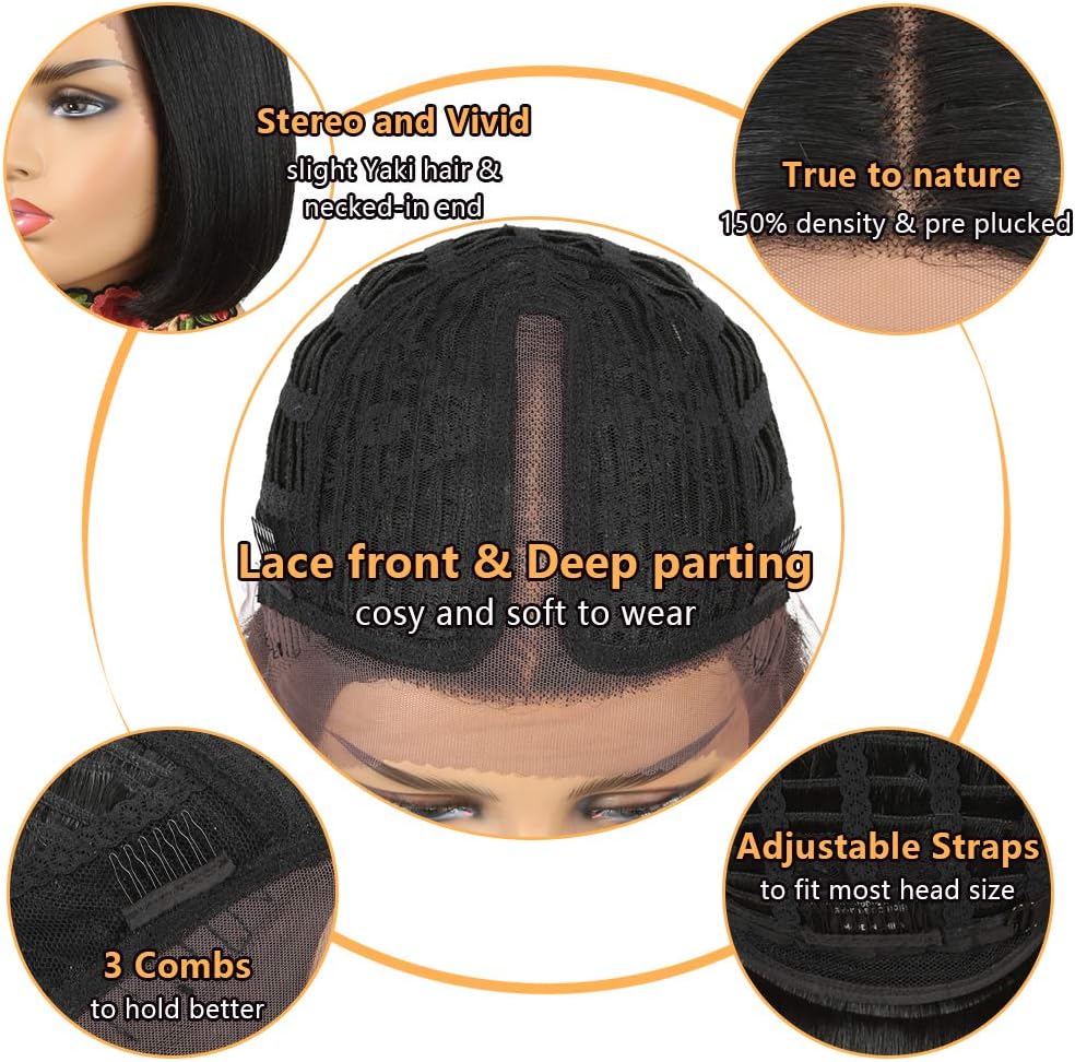 NOBLE Bob Wig Black Wigs for Women Short Straight T Part HD Lace Front Wigs 150% Density Heat Resistant Synthetic Middle Part Blunt Cut Shoulder Length Wig for Party and Daily Use - Image 3