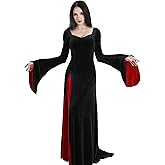 QRT Morticia Addams Costume,Women Velvet Maxi Dress,Vintage Gothic Vampire Long Dress Halloween Family Cosplay Cocktail Party