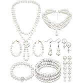 BBTO 8 Pcs Pearl Necklace and Earrings Set for Women Pearl Bracelets Costume Jewelry Set for Wedding Bridal Christmas Party