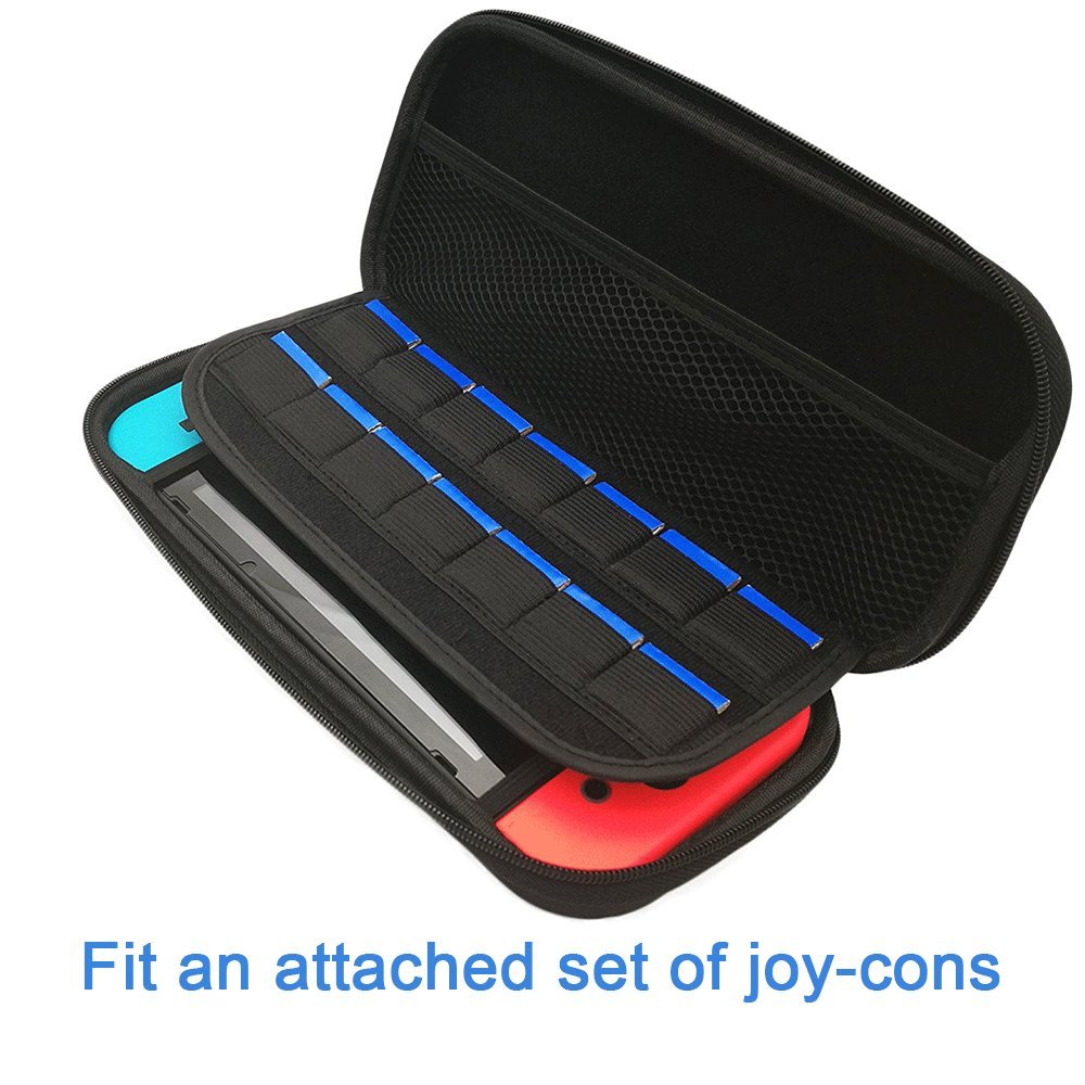 Vorida Case Compatible for Nintendo Switch, Carrying Travel Case Protective 14 Game Storage Slots & 9H Tempered Glass Screen Protector & Joy Con Grips Caps with Carrying Strap, Black