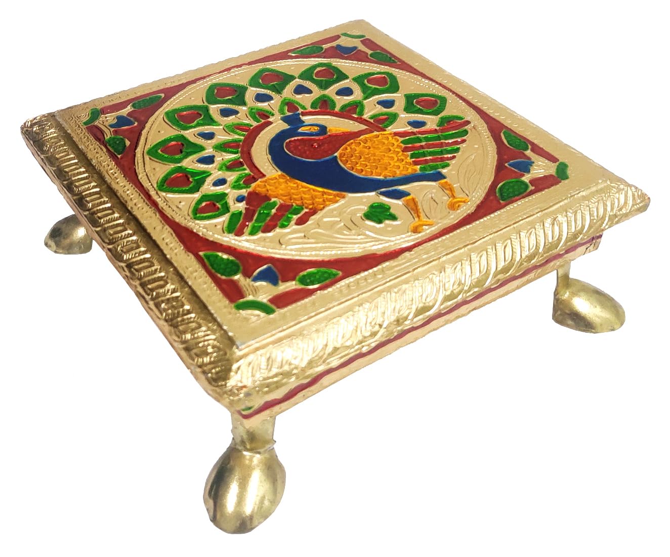 Purpledip Small Wooden Stand Stool Chowki with Exquisite Meenakari Painting for Placing Statues, Idols, 5.5x5.5 inch (10204)