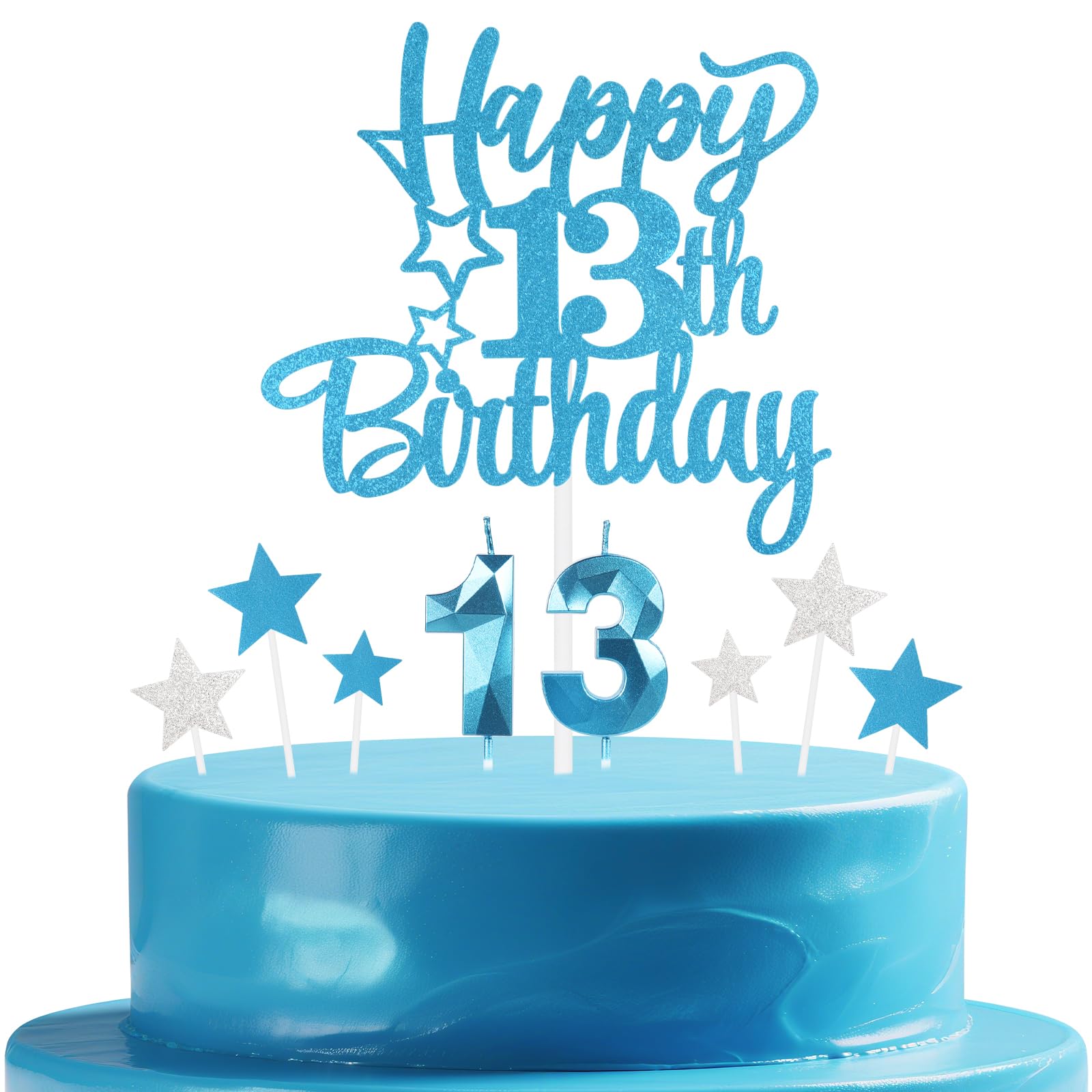 mciskin Blue 13th Birthday Candles Cake Toppers Set,3D Number 13 Candle for Cake,Light Blue Candles Silver Star Toppers for Girls Boys 13th Birthday Decorations Party Supplies — image 1