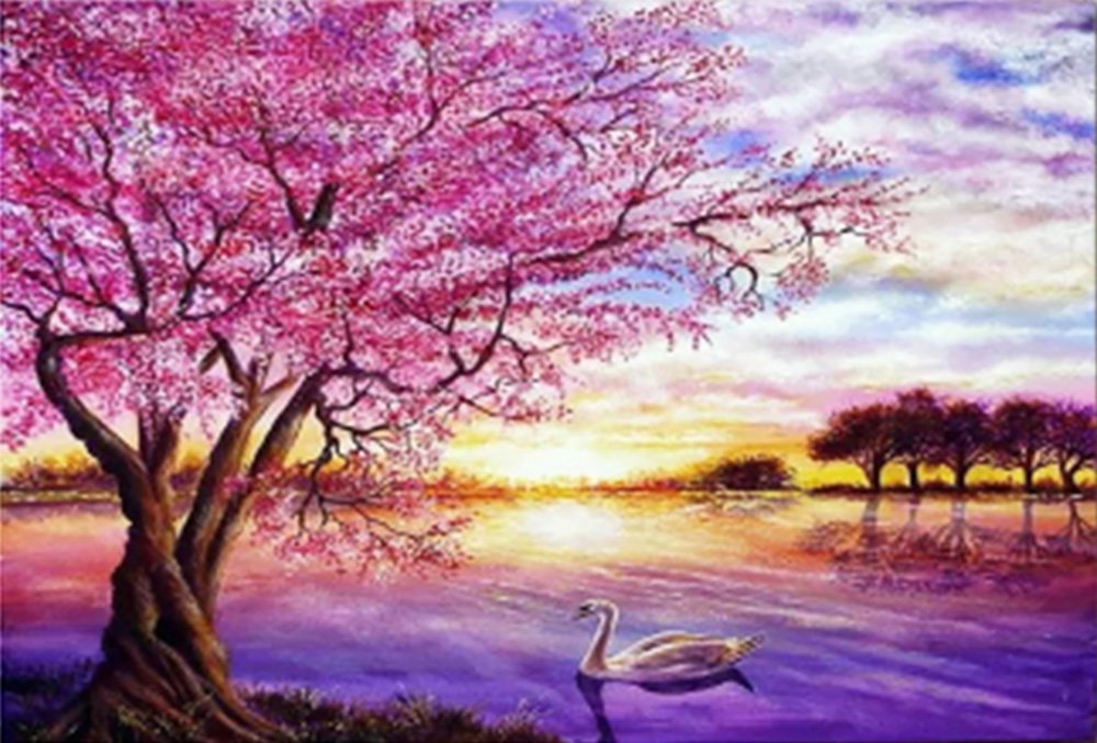 WOWDECOR Paint by Numbers Kits for Adults Kids, DIY Number Painting - Lake White Swan Cherry Blossom Trees 40 x 50 cm - New Stamped Canvas (Framed)