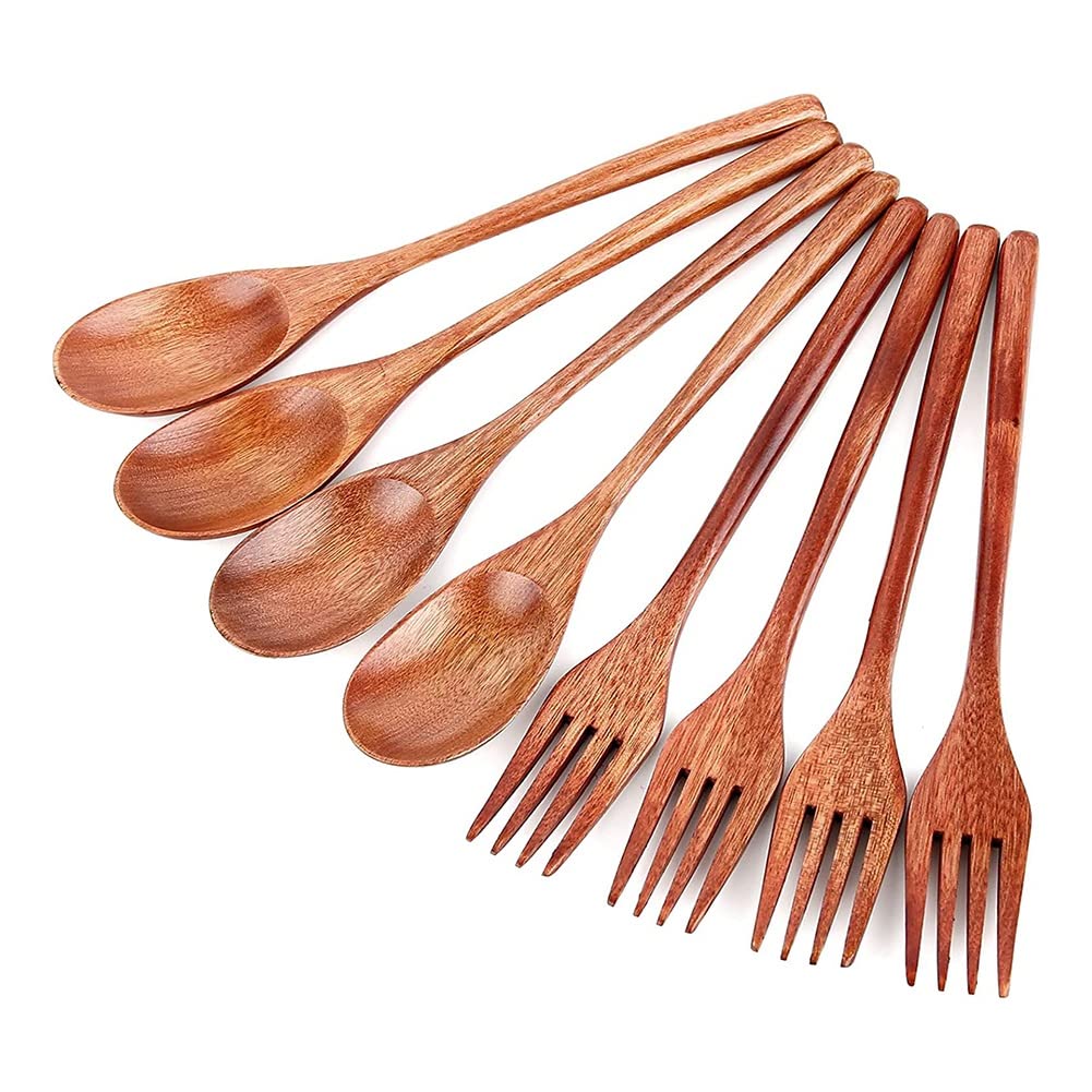 Bopfimer 8Pcs Wooden Spoons Forks Set, Japanese Style Wooden Utensil Set, Handmade Kitchen Spoon, Reusable Travel Flatware Set