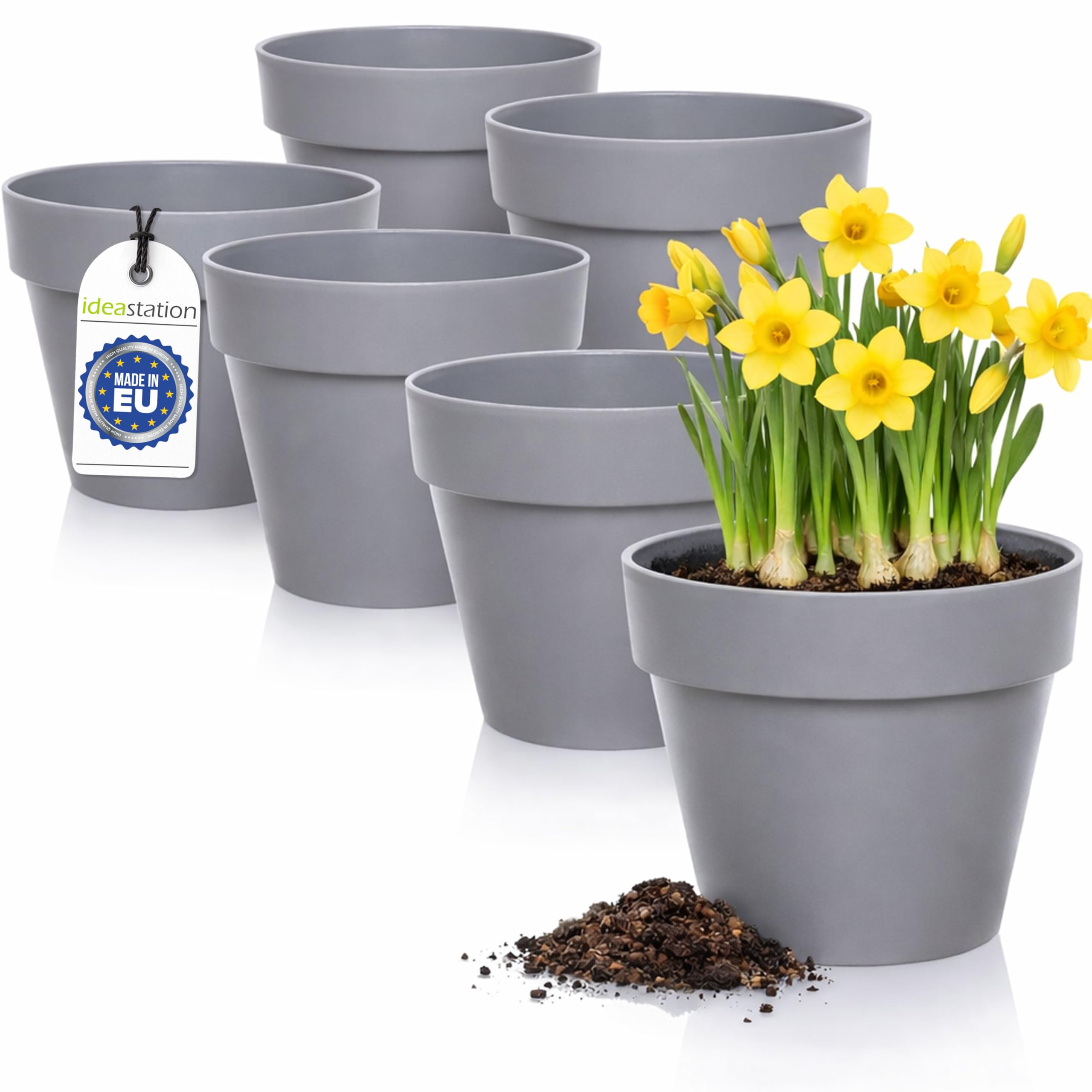 idea-station IBI Plastic Plant Pot Set 6 x 12 cm - grey - Indoor Plant Pot Set - Shatterproof Plant Pots in Modern Design, Round - Suitable for Variety of Plants - Perfect for Outdoor or Indoor Use