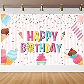 Ice Cream Birthday Backdrop Banner Sweet Summer Ice Cream Party Decorations for Kids Girls Boys Themed Happy Birthday Banner Baby Photography Background Photo Booth 70.8 X 43.3 Inch