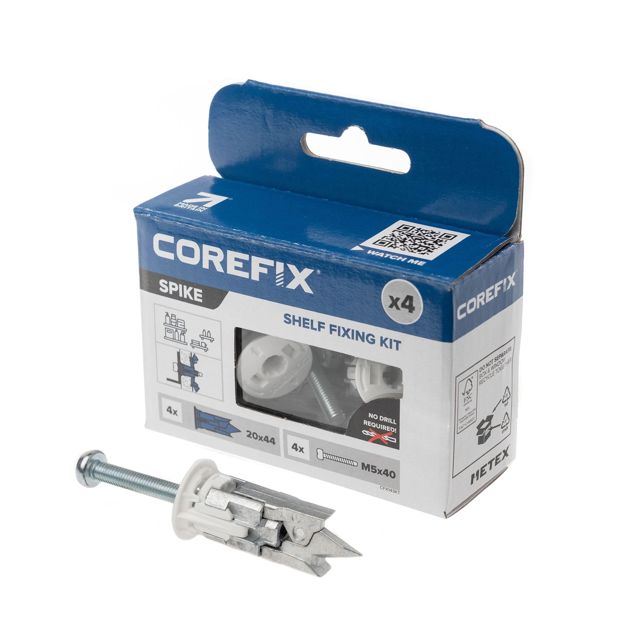 Corefix Spike Shelf Hanging Kit 4 Pack - Heavy Duty Plasterboard Fixings for Mounting Shelves. Easy to Install with NO Drill Required Suitable for All Plasterboard Types.