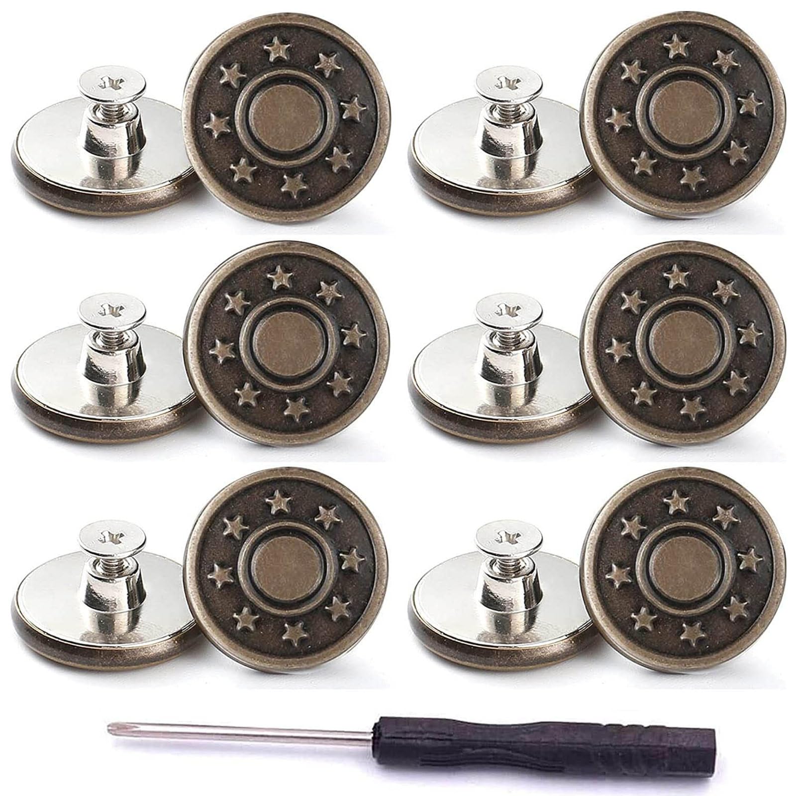 12 Sets Adjustable Metal Sewing Buttons for Jeans, 17mm, Removable Repair Kit with Threads Rivets and Screwdriver