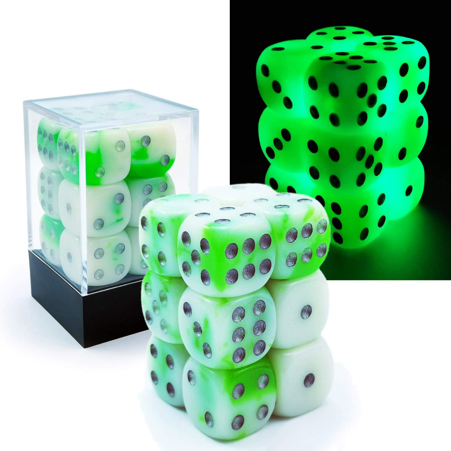 Bescon Two Tone Glowing Dice D6 16mm 12pcs Set Luminous Jade, 16mm Six Sided Die (12) Block of Glowing Dice