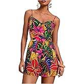 Floerns Women's Tropical Print Cami Rompers Sleeveless Boho Shorts Jumpsuit
