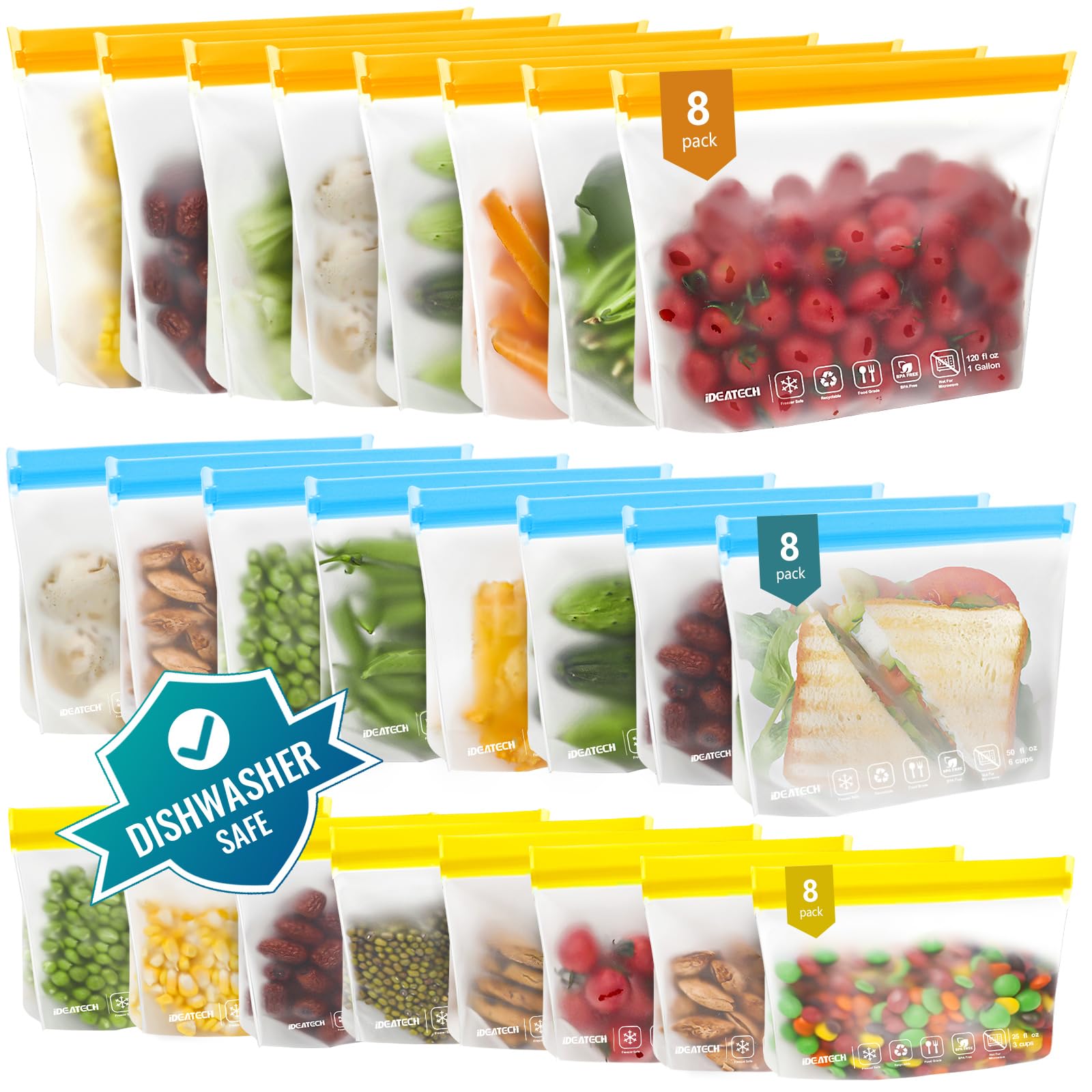 Photo 1 of 24Pack Reusable Food Freezer Bags Dishwasher Safe, Leakproof Storage Contaizers, Reusable Bags Various Size for Food Storage, BPA Free Resealable Baggies(8Gallon 8Quart 8Snack,Colored)
