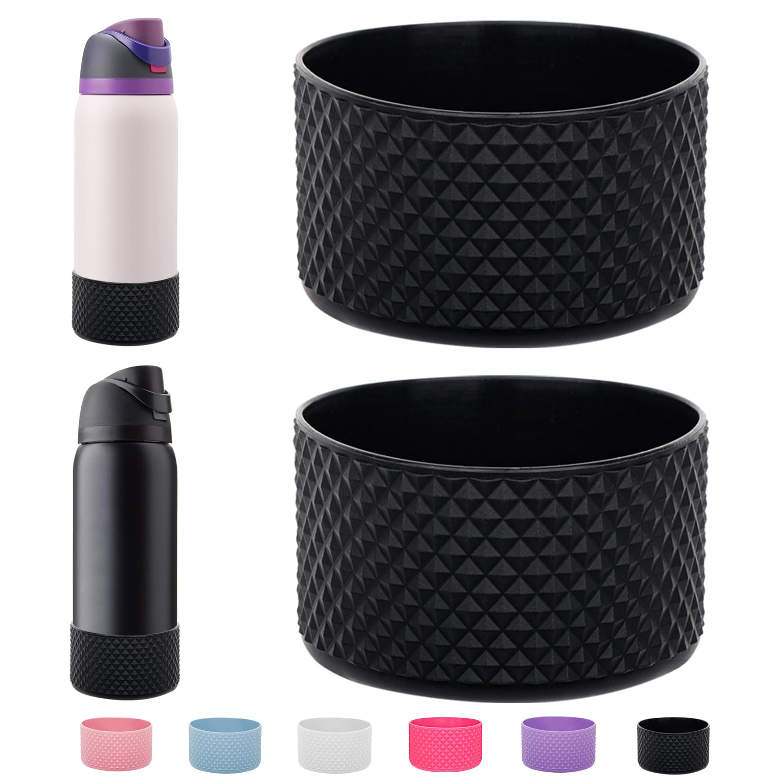 WK IEASON 2Pcs Silicone Water Bottle Boot for Owala 32oz, Protective Flask Bottom Cover Base for Owala FreeSip Twist and Flip Flask Bottles (Diamond Blackx2, 32OZ)