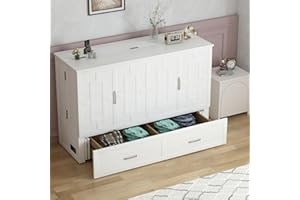 ijuicy Murphy Bed, Queen Size Cabinet Bed with Foldable Memory Foam Mattress & USB Charging Station & 2 Large Drawers for Guests Room/Bedroom-Pure White