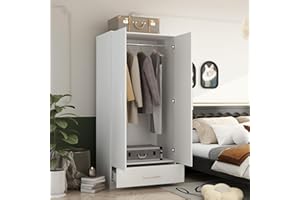 AIEGLE 2 Doors Wardrobe Armoire with Drawer, Freestanding Armoire Wardrobe Closet with Hanging Rod, Bedroom Wood Clothes Storage Cabinet Organizer in White (31.5" W x 18.9" D x 66.9" H)