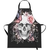Britimes Apron with Pockets, 32x28 inch, for Women Men, Skull Rose Floral | Vintage Pink Flowers Waterproof Adjustable Bib Aprons for Kitchen Cooking Baking Painting Gardening