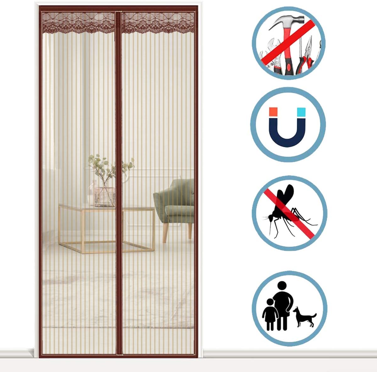 THAIKER Magnetic Screen Door, 70x205cm(28x81inch) Keep Insects Out Keep Away from Mosquitoes Curtain Fits Door Size up to, Brown