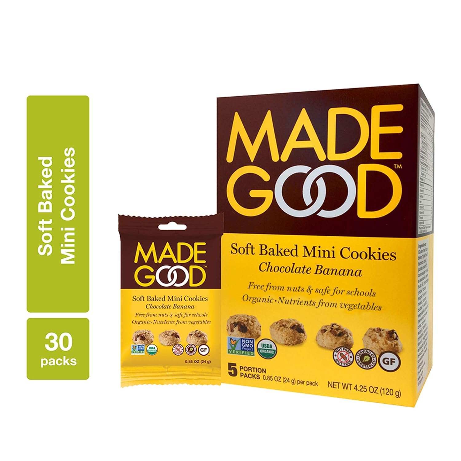 MadeGood Chocolate Banana Soft Baked Mini Cookies, 6 boxes (30 ct) [Deliciously Moist, Chewy, Snack-Sized Cookies are Allergy-Friendly, Organic, Nut-Free, Gluten-Free, Vegan, Verified Non-GMO]